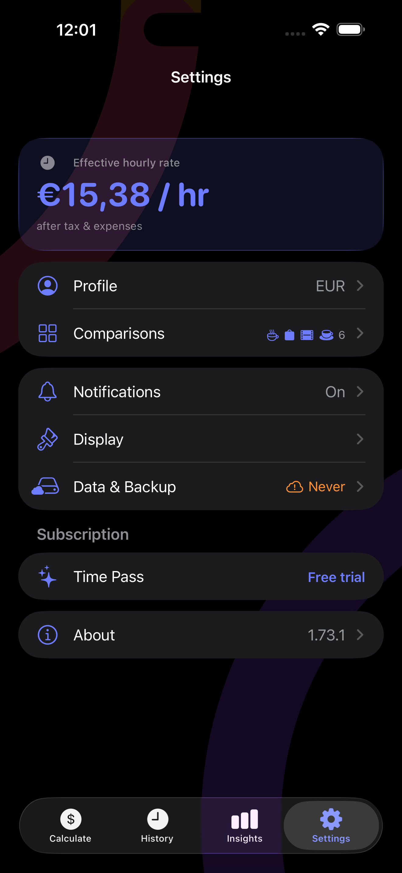 Settings screen showing effective hourly rate, profile, comparisons, notifications, display, data and backup, Time Pass, and About rows