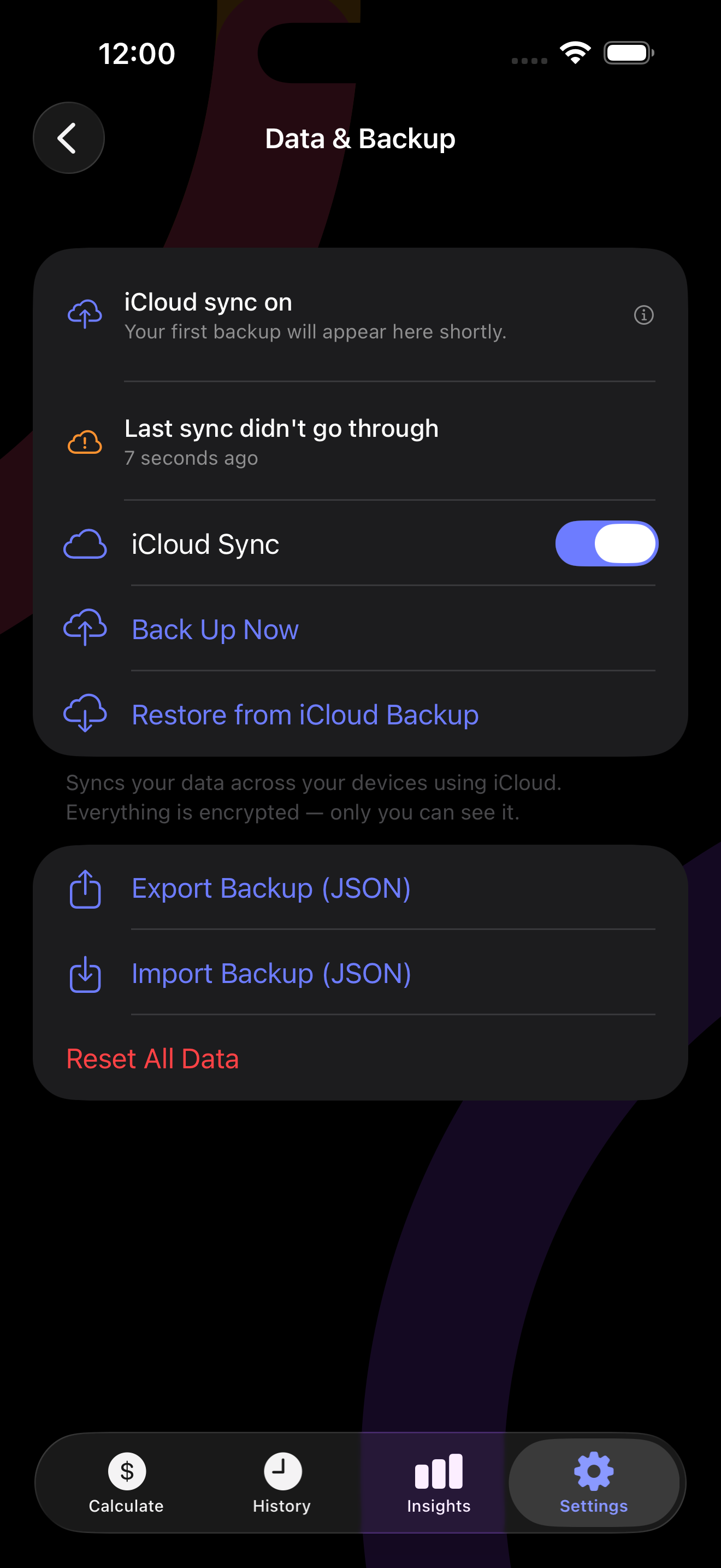 Data & Backup screen with iCloud Sync enabled