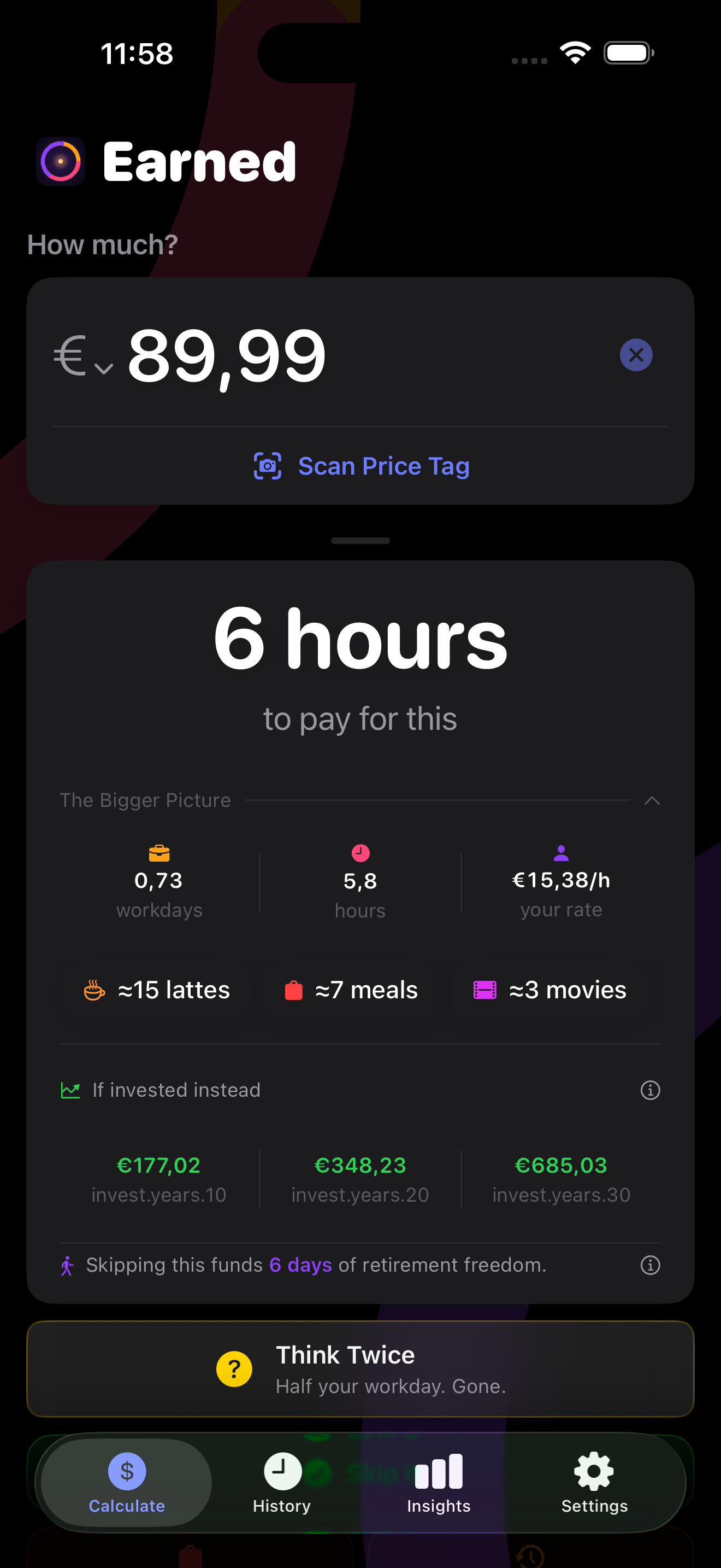 Calculator result with The Bigger Picture expanded showing comparisons and if-invested projections