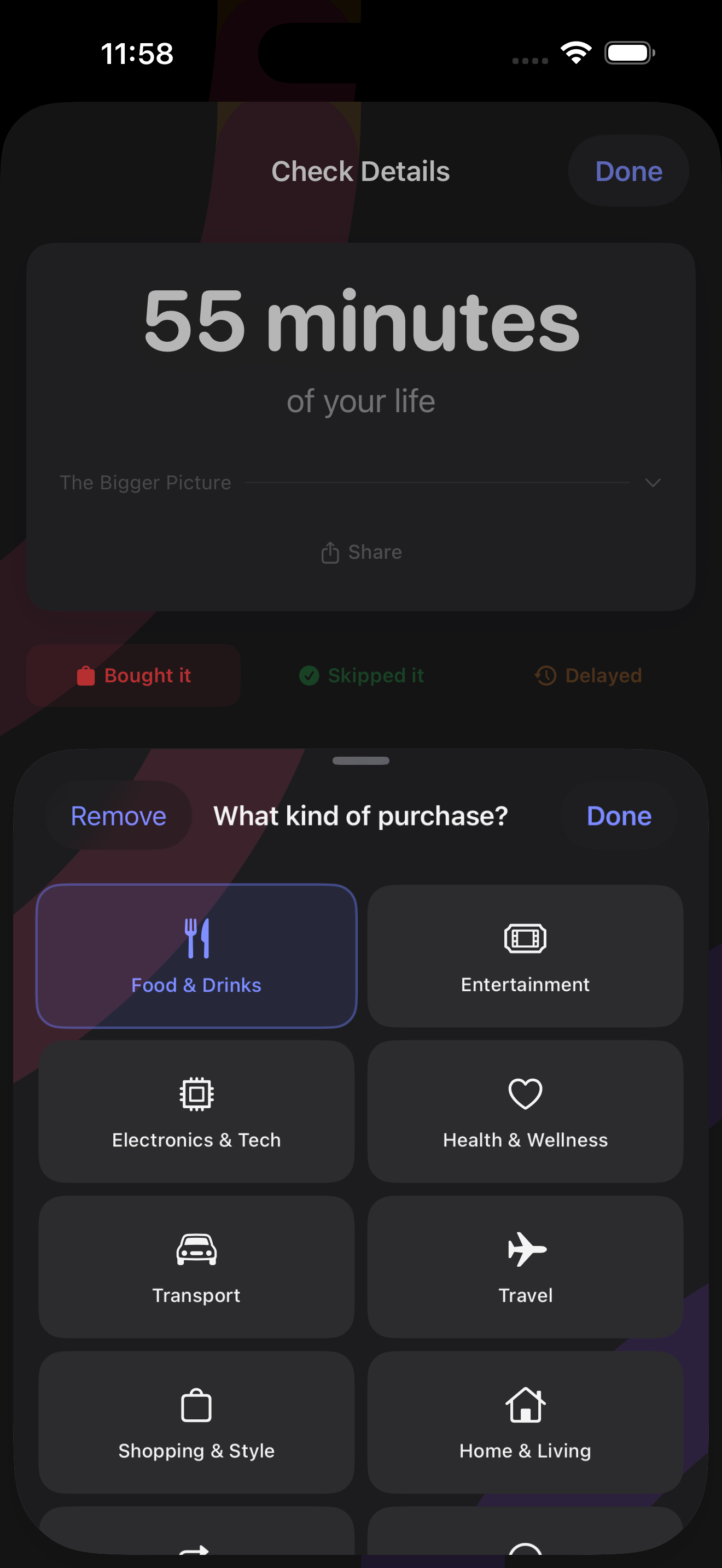 Category picker showing Food & Drinks, Entertainment, Electronics & Tech, Health & Wellness, Transport, Travel, Shopping & Style, Home & Living
