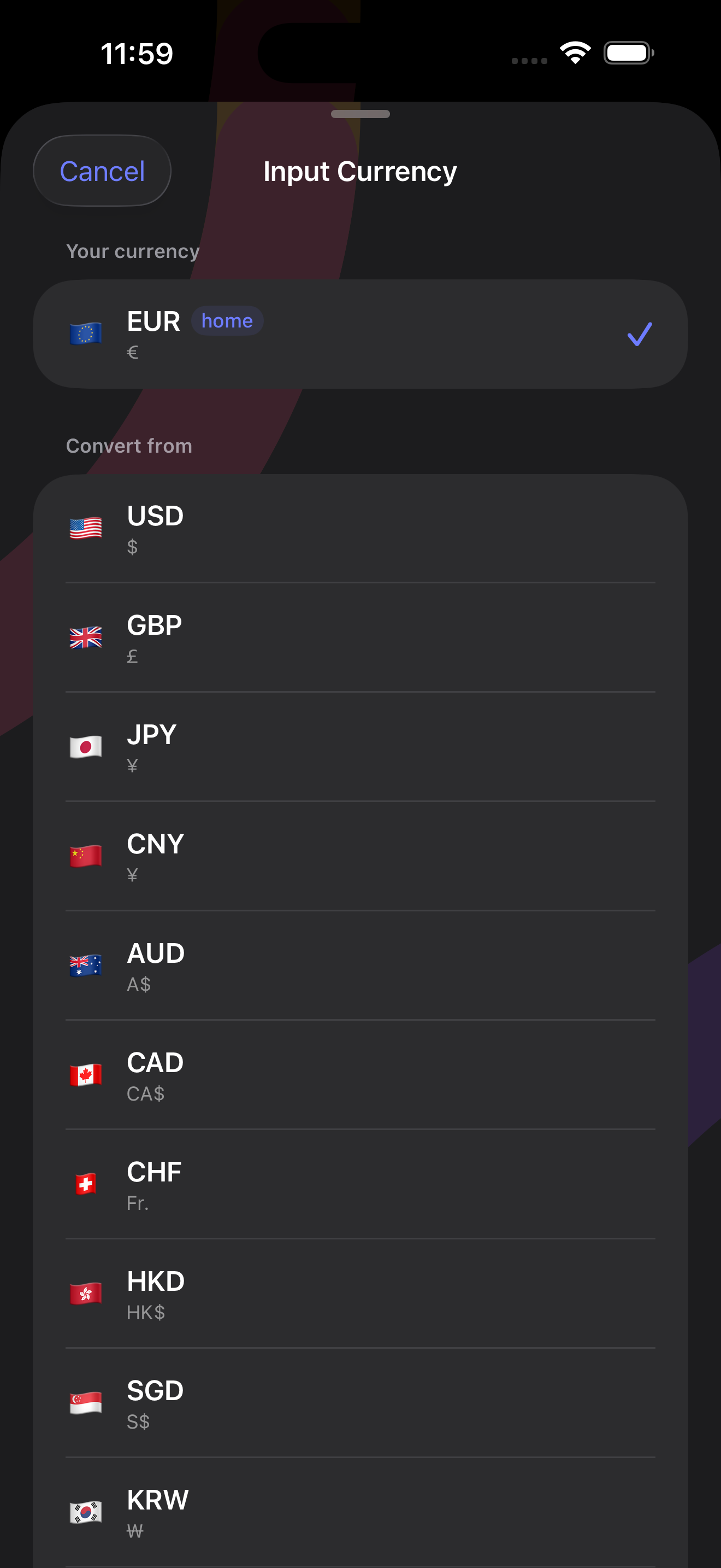 Input Currency picker showing EUR home currency and USD, GBP, JPY options