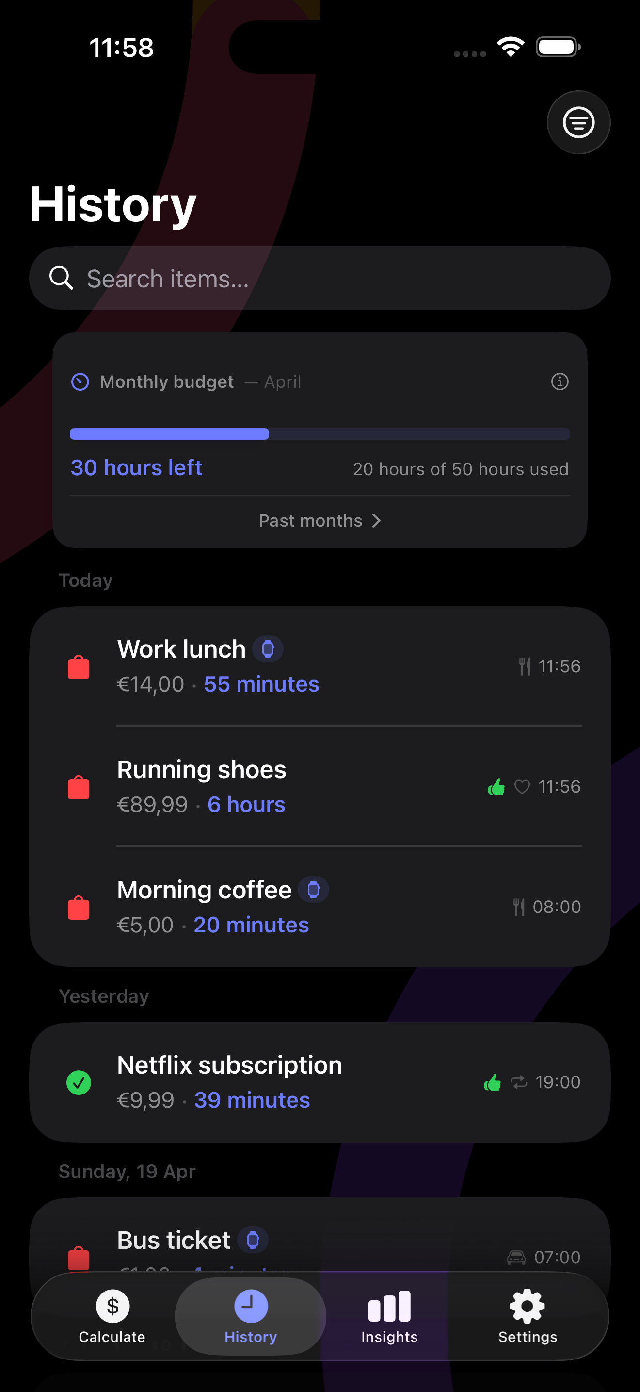 History tab showing the monthly budget in hours and the list of past price checks