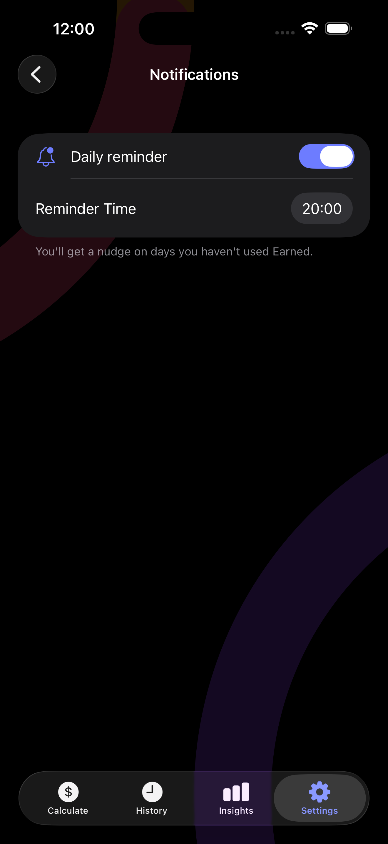 Notifications settings with Daily reminder toggled on and reminder time set to 20:00