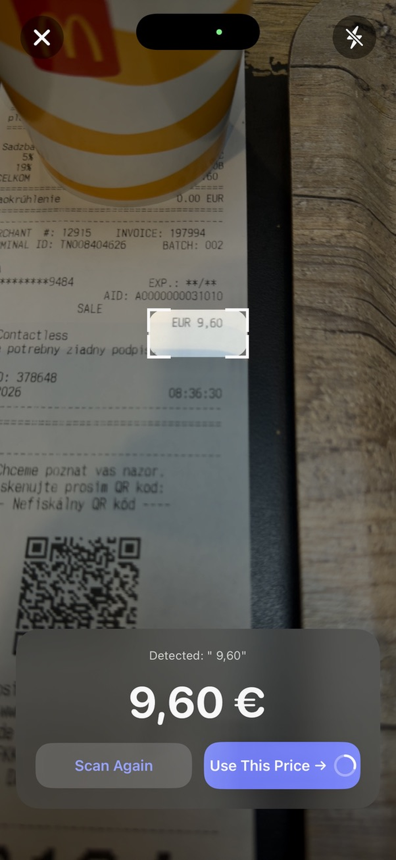 Price Scanner reading a McDonald's receipt and detecting 9,60 € with a Use This Price button