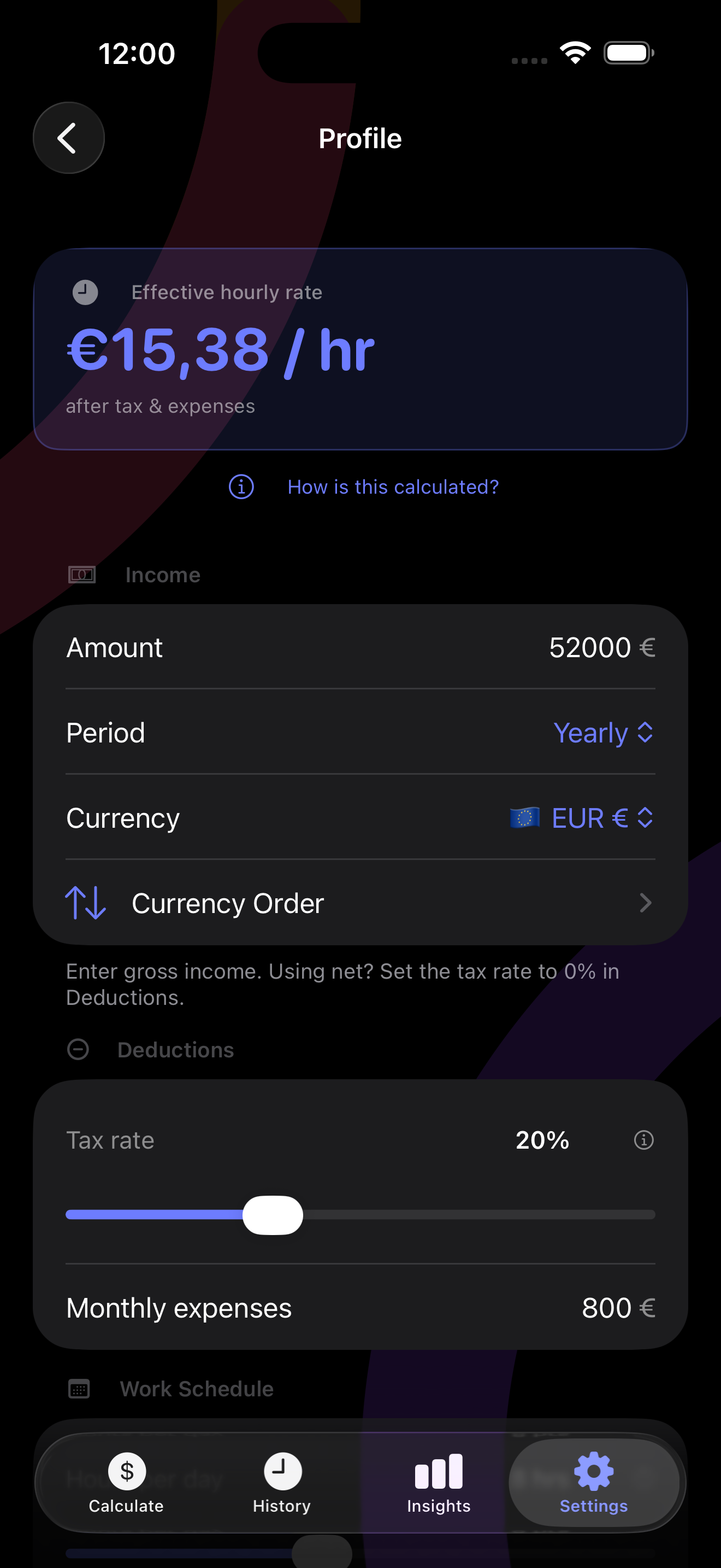 Profile screen showing income, currency, tax rate, and effective hourly rate