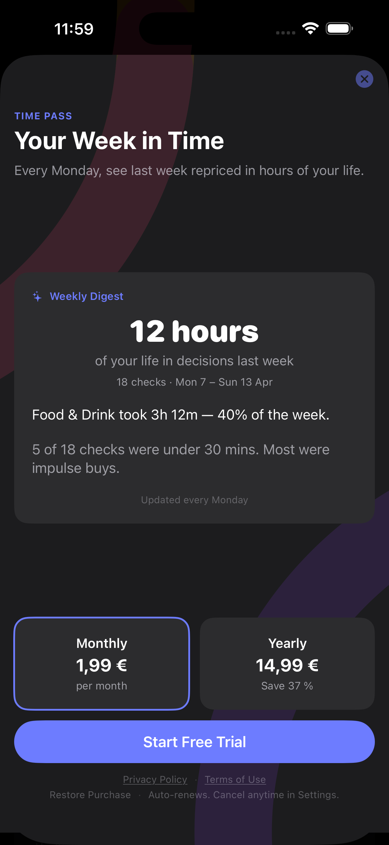 Time Pass paywall showing Your Week in Time preview with Monthly 1,99€ and Yearly 14,99€ options and a Start Free Trial button