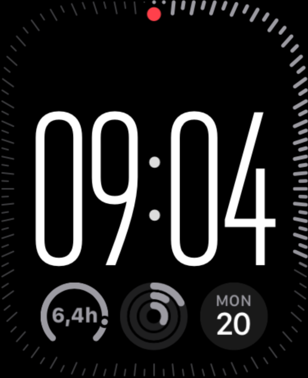Apple Watch face with the Earned complication showing 6,4h of budget remaining