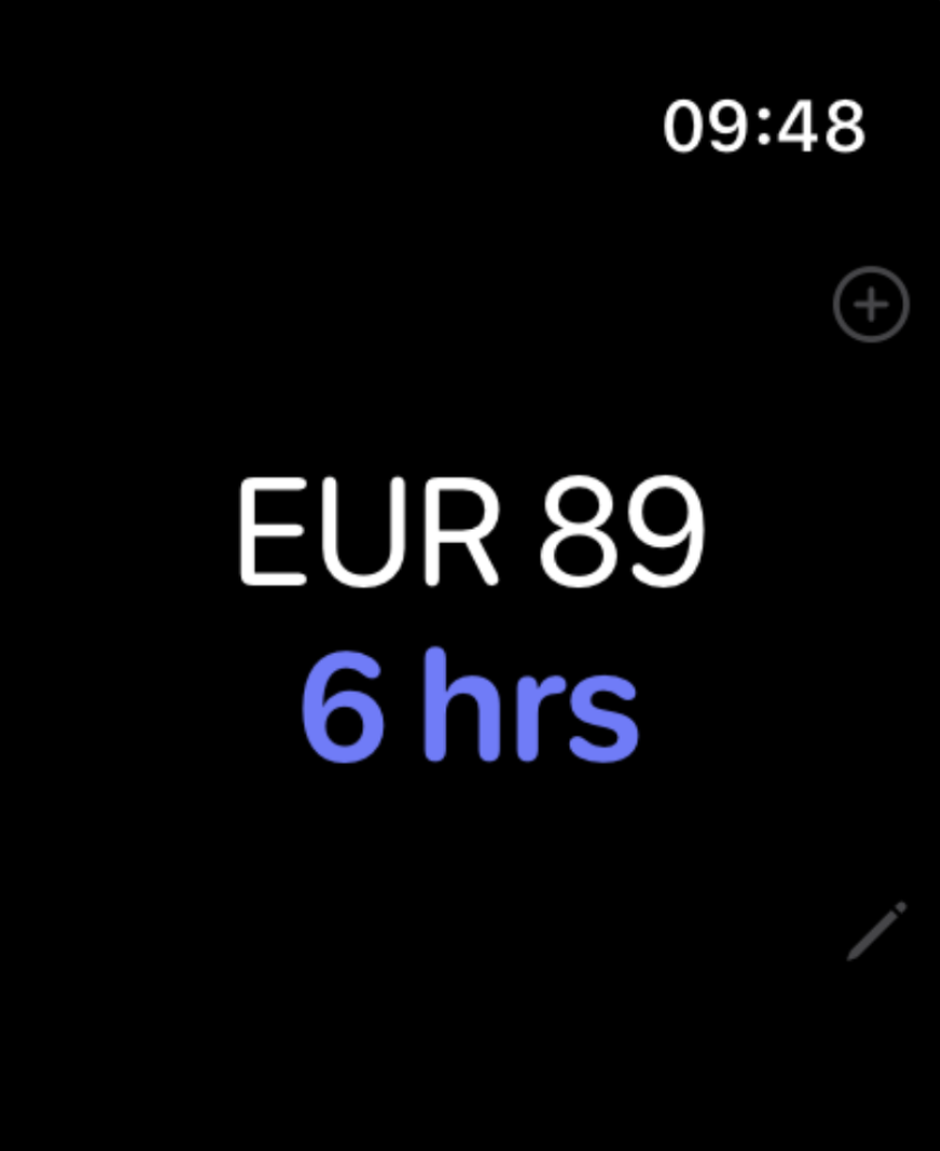 Apple Watch showing EUR 89 as 6 hours