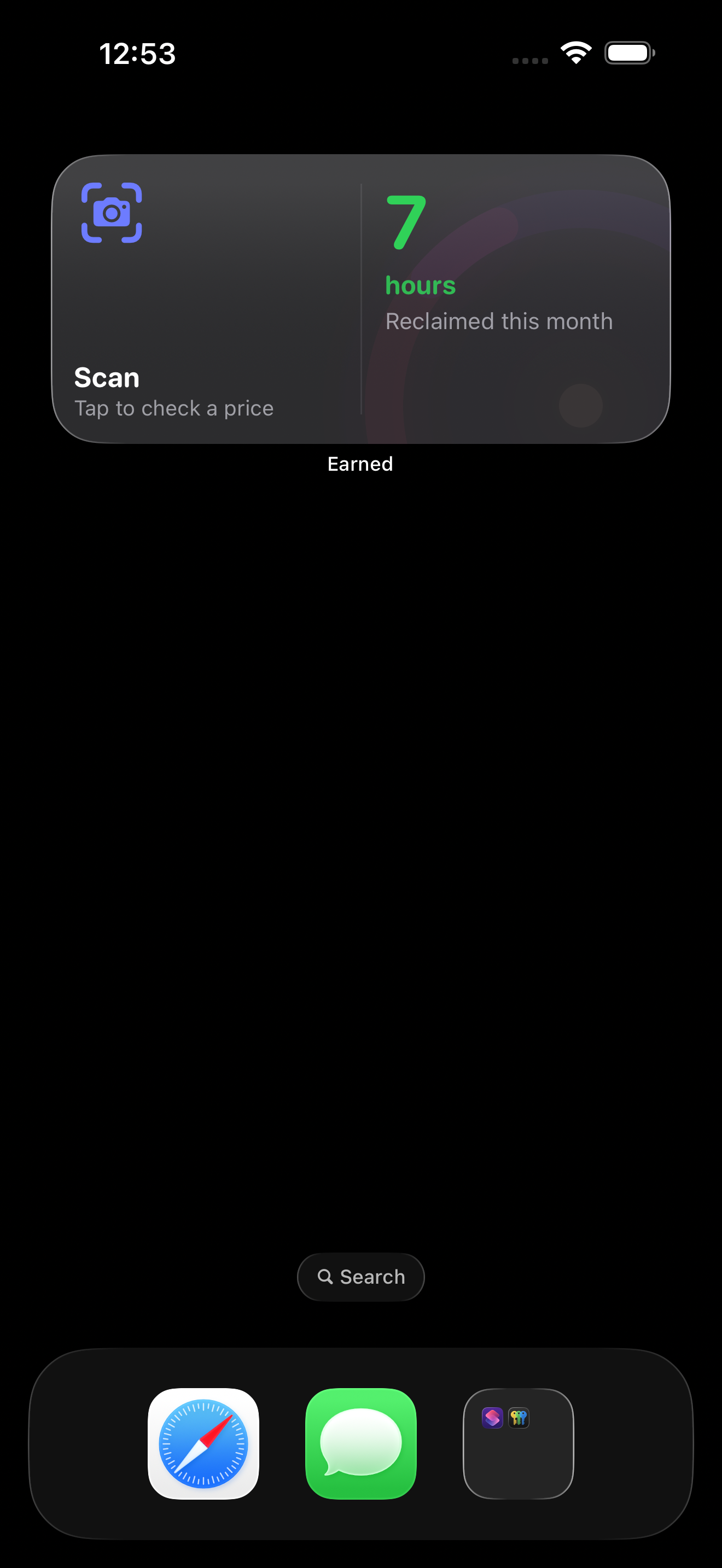 iPhone Home Screen with the medium Earned widget showing your monthly budget remaining and a small last-check footer