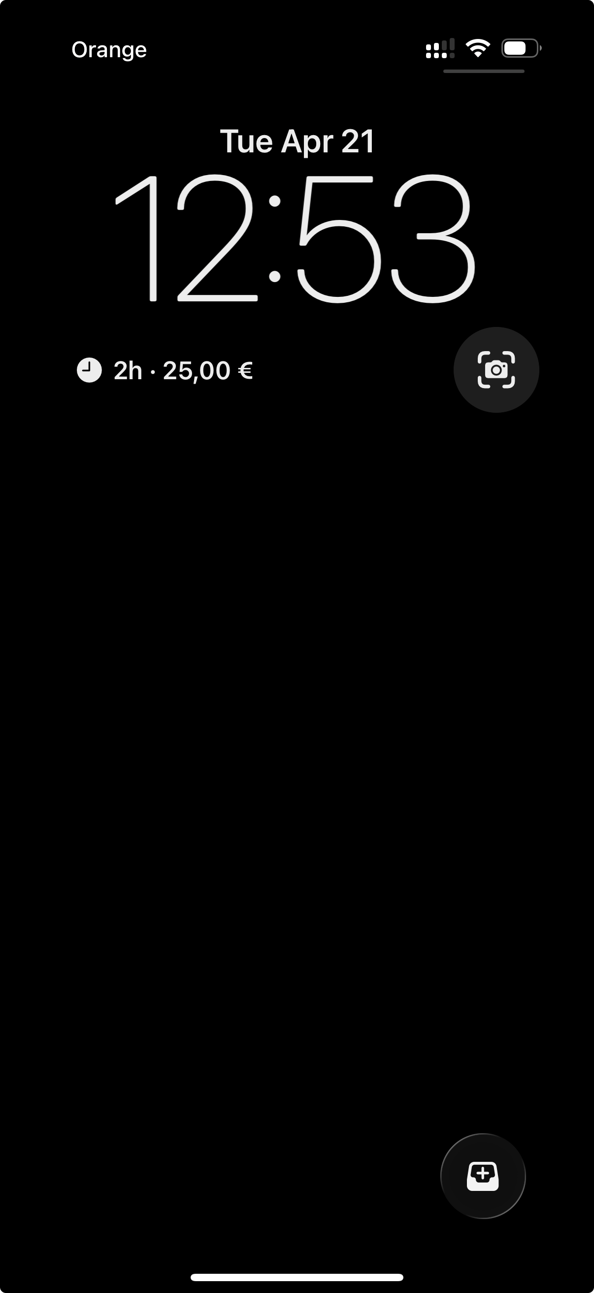 iPhone Lock Screen with the Earned complication showing hours of budget left this month under the clock